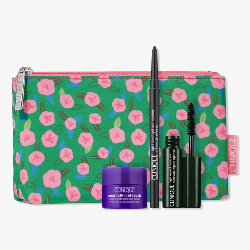 New in package!  Clinique Eye Makeup Kit with Floral Cosmetic Bag